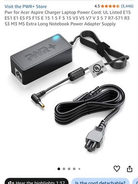 PWR+ Black Laptop Charger with Detachable Power Cord